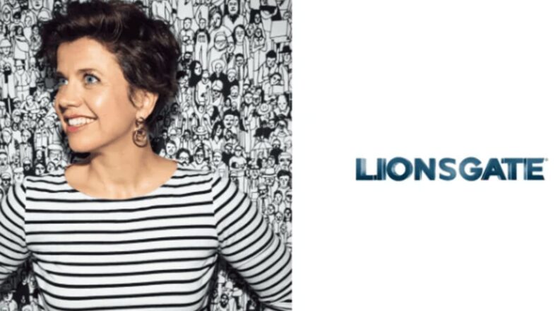 Split graphic showing Chief AI Officer Kathleen Grace on the left and the corporate Lionsgate logo on the right.