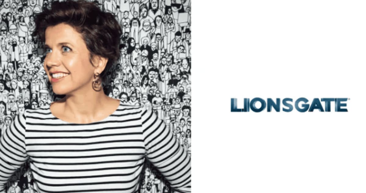 Split graphic showing Chief AI Officer Kathleen Grace on the left and the corporate Lionsgate logo on the right.