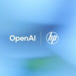 HP and OpenAI corporate logos displayed on a light blue background representing the Frontier strategic partnership for enterprise AI.