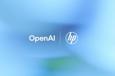 HP and OpenAI corporate logos displayed on a light blue background representing the Frontier strategic partnership for enterprise AI.