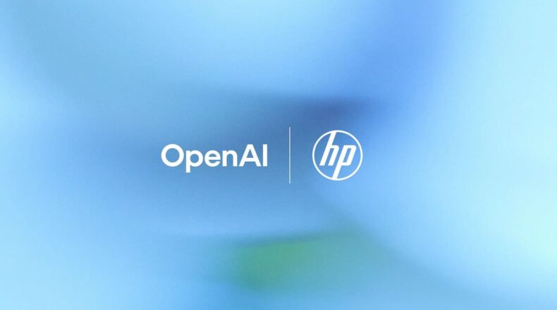 HP and OpenAI corporate logos displayed on a light blue background representing the Frontier strategic partnership for enterprise AI.