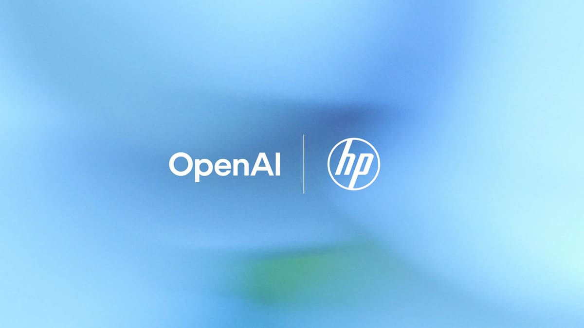 HP and OpenAI corporate logos displayed on a light blue background representing the Frontier strategic partnership for enterprise AI.