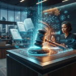 Digital courtroom setup showing a glowing gavel and holographic data streams representing artificial intelligence copyright litigation.
