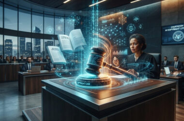 Digital courtroom setup showing a glowing gavel and holographic data streams representing artificial intelligence copyright litigation.