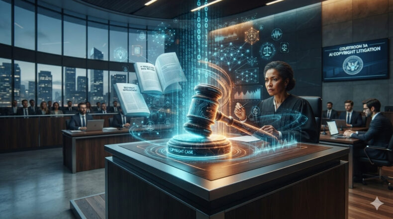 Digital courtroom setup showing a glowing gavel and holographic data streams representing artificial intelligence copyright litigation.