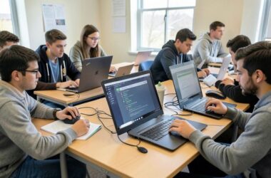 Digital illustration of diverse people using AI chatbots in a classroom setting for digital literacy training.