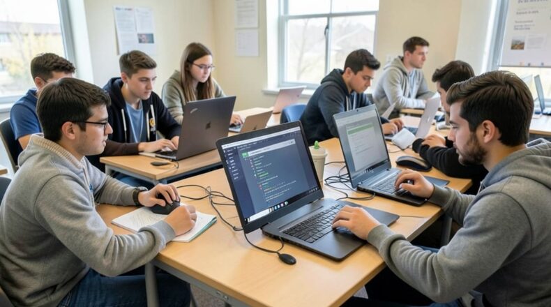 Digital illustration of diverse people using AI chatbots in a classroom setting for digital literacy training.