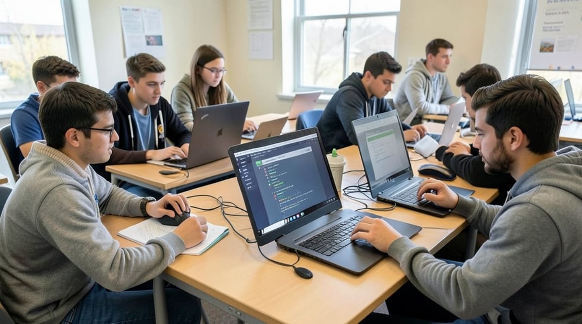 Digital illustration of diverse people using AI chatbots in a classroom setting for digital literacy training.