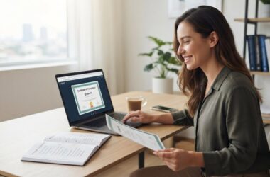 AI-generated illustration of a college student using a computer while completing the OpenAI AI Foundations course and learning practical artificial intelligence skills.