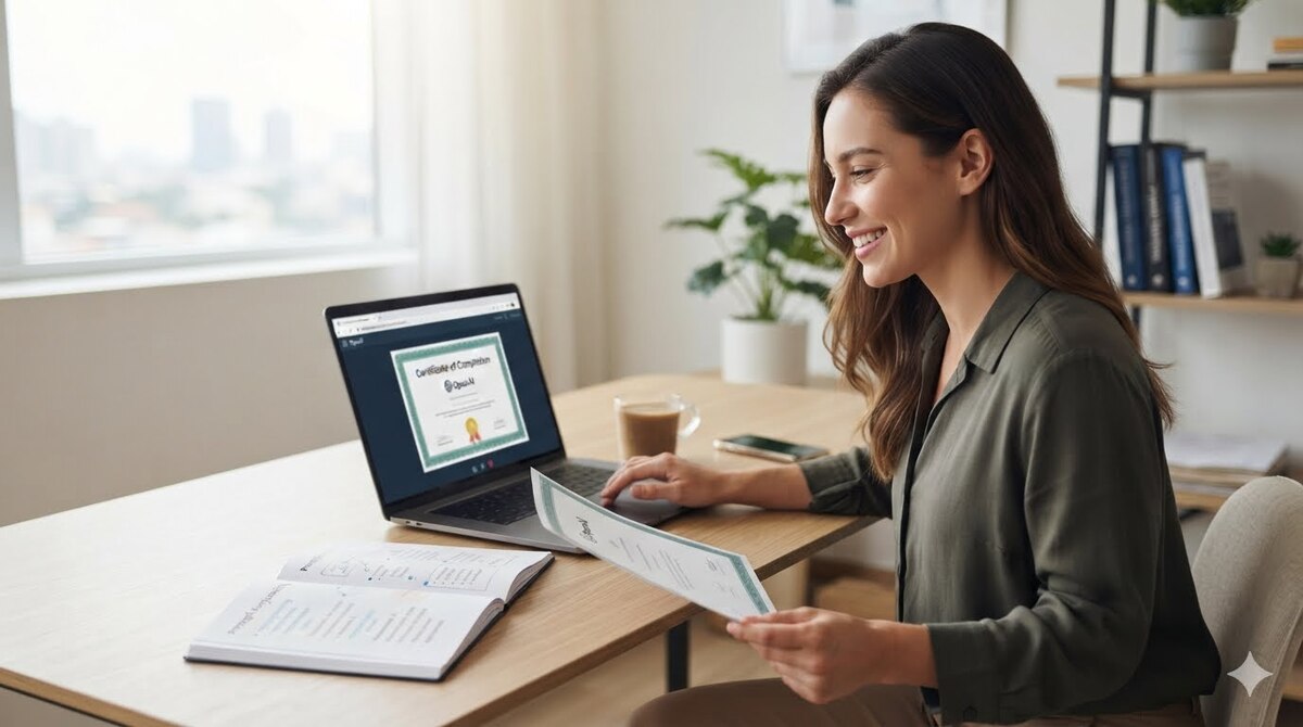AI-generated illustration of a college student using a computer while completing the OpenAI AI Foundations course and learning practical artificial intelligence skills.