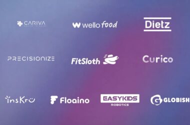 Visual compilation of logos representing the ten participating startups in the OpenAI and MHESI Thailand AI Accelerator program, including CARIVA, Wello Food, Dietz, Precisionize, FitSloth, Curico, insKru, Floaino, EasyKids Robotics, and Globish.