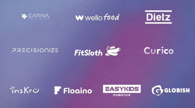 Visual compilation of logos representing the ten participating startups in the OpenAI and MHESI Thailand AI Accelerator program, including CARIVA, Wello Food, Dietz, Precisionize, FitSloth, Curico, insKru, Floaino, EasyKids Robotics, and Globish.