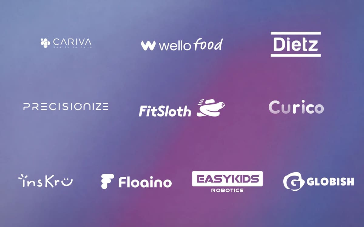 Visual compilation of logos representing the ten participating startups in the OpenAI and MHESI Thailand AI Accelerator program, including CARIVA, Wello Food, Dietz, Precisionize, FitSloth, Curico, insKru, Floaino, EasyKids Robotics, and Globish.