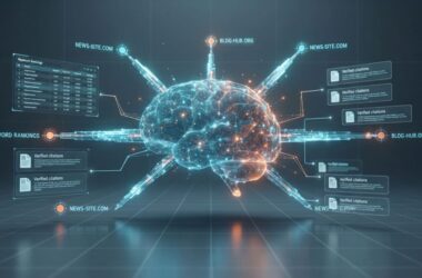 Conceptual illustration showing a central AI neural core connecting data streams to structured websites, representing Generative Search Optimization (GSO).