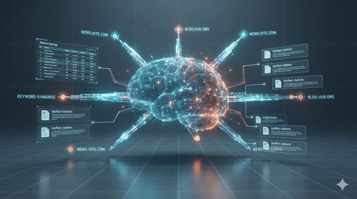 Conceptual illustration showing a central AI neural core connecting data streams to structured websites, representing Generative Search Optimization (GSO).