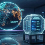Holographic globe with regional legal highlights next to a secured local server stack, representing global AI legal divergence and Sovereign AI deployment.