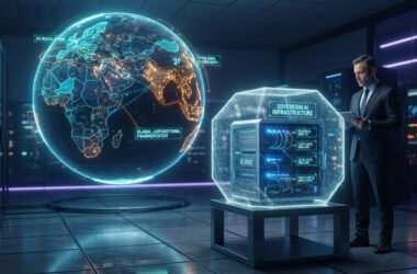 Holographic globe with regional legal highlights next to a secured local server stack, representing global AI legal divergence and Sovereign AI deployment.