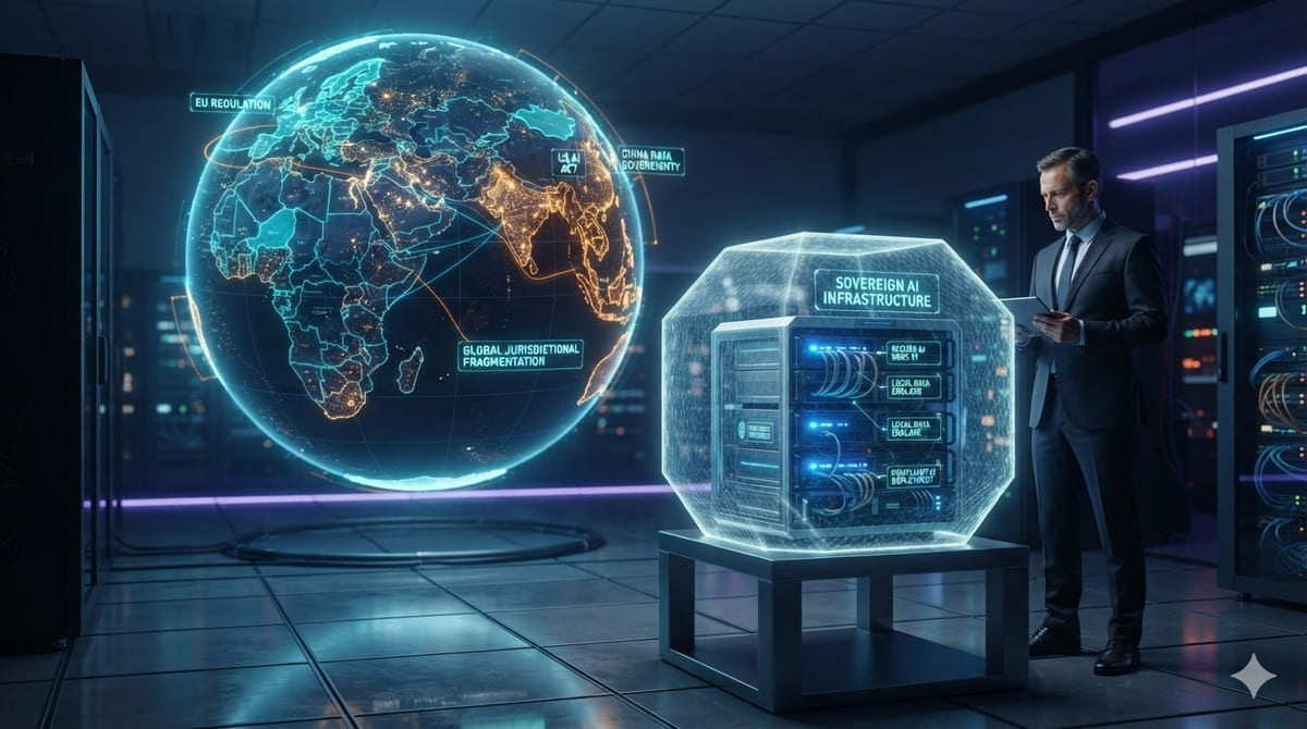 Holographic globe with regional legal highlights next to a secured local server stack, representing global AI legal divergence and Sovereign AI deployment.