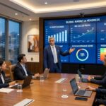 CEO presenting AI governance and readiness metrics on boardroom digital screens to senior executives during a CIO to CAIO capability evaluation meeting.