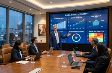 CEO presenting AI governance and readiness metrics on boardroom digital screens to senior executives during a CIO to CAIO capability evaluation meeting.