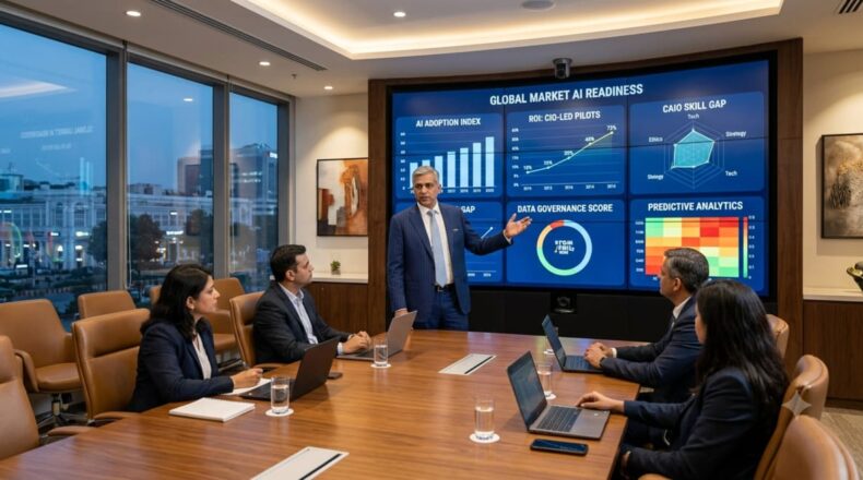 CEO presenting AI governance and readiness metrics on boardroom digital screens to senior executives during a CIO to CAIO capability evaluation meeting.