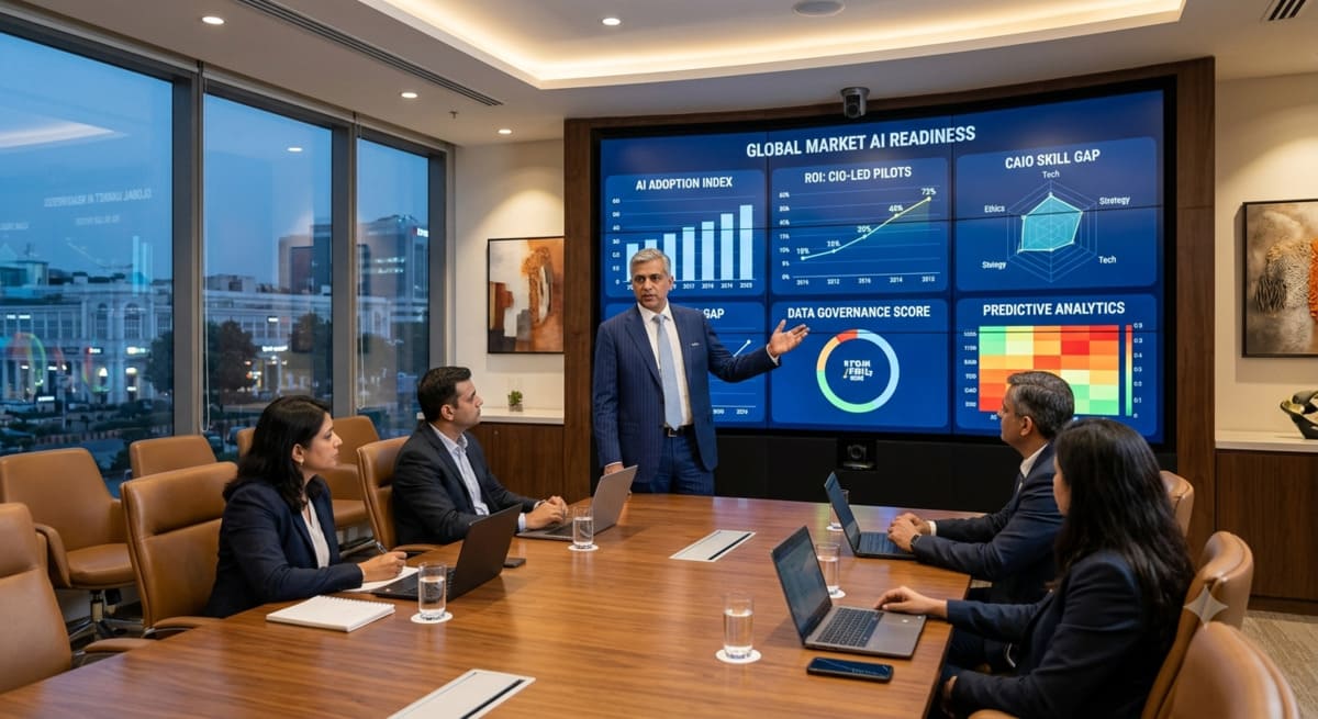 CEO presenting AI governance and readiness metrics on boardroom digital screens to senior executives during a CIO to CAIO capability evaluation meeting.