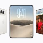 Apple iPhone Duo foldable smartphone displayed in folded and opened states showing the 7.58-inch inner display and 5.4-inch outer screen in Star White and Night Sky finishes.
