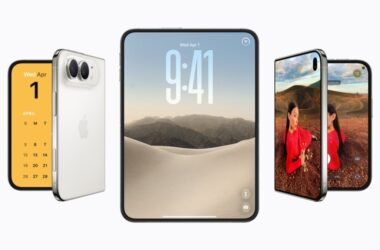 Apple iPhone Duo foldable smartphone displayed in folded and opened states showing the 7.58-inch inner display and 5.4-inch outer screen in Star White and Night Sky finishes.