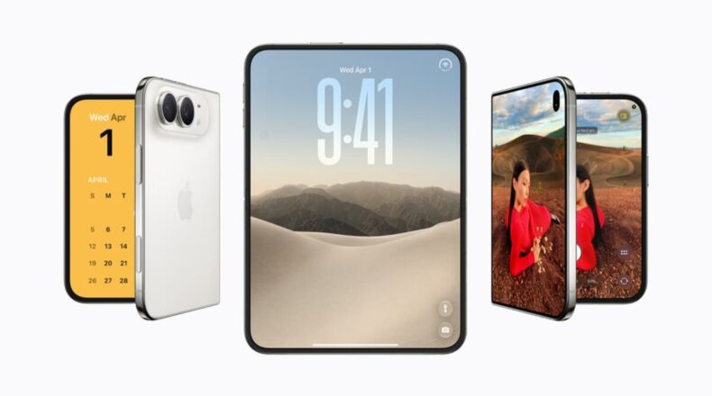 Apple iPhone Duo foldable smartphone displayed in folded and opened states showing the 7.58-inch inner display and 5.4-inch outer screen in Star White and Night Sky finishes.