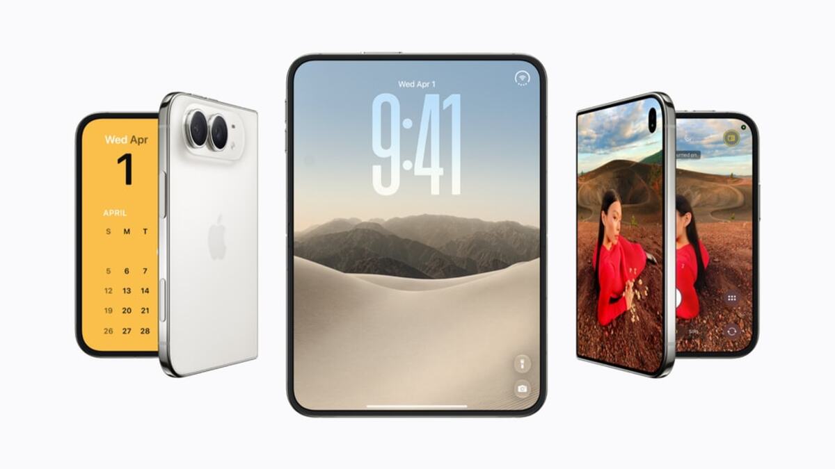 Apple iPhone Duo foldable smartphone displayed in folded and opened states showing the 7.58-inch inner display and 5.4-inch outer screen in Star White and Night Sky finishes.