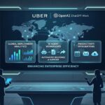 Uber corporate branding integrated with an abstract OpenAI digital network displaying AI agent workflows and data analytics dashboards.