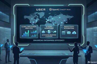 Uber corporate branding integrated with an abstract OpenAI digital network displaying AI agent workflows and data analytics dashboards.