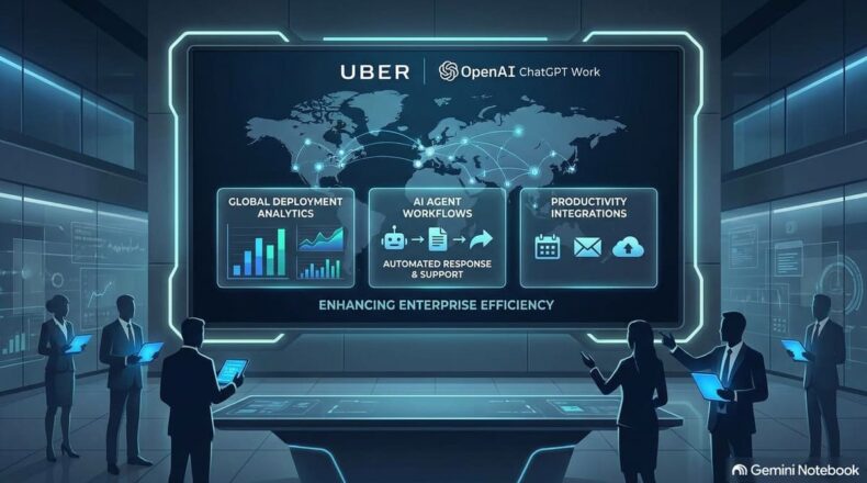 Uber corporate branding integrated with an abstract OpenAI digital network displaying AI agent workflows and data analytics dashboards.