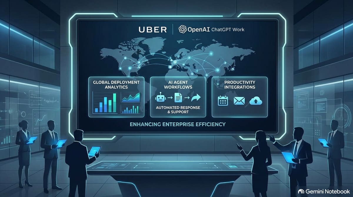Uber corporate branding integrated with an abstract OpenAI digital network displaying AI agent workflows and data analytics dashboards.